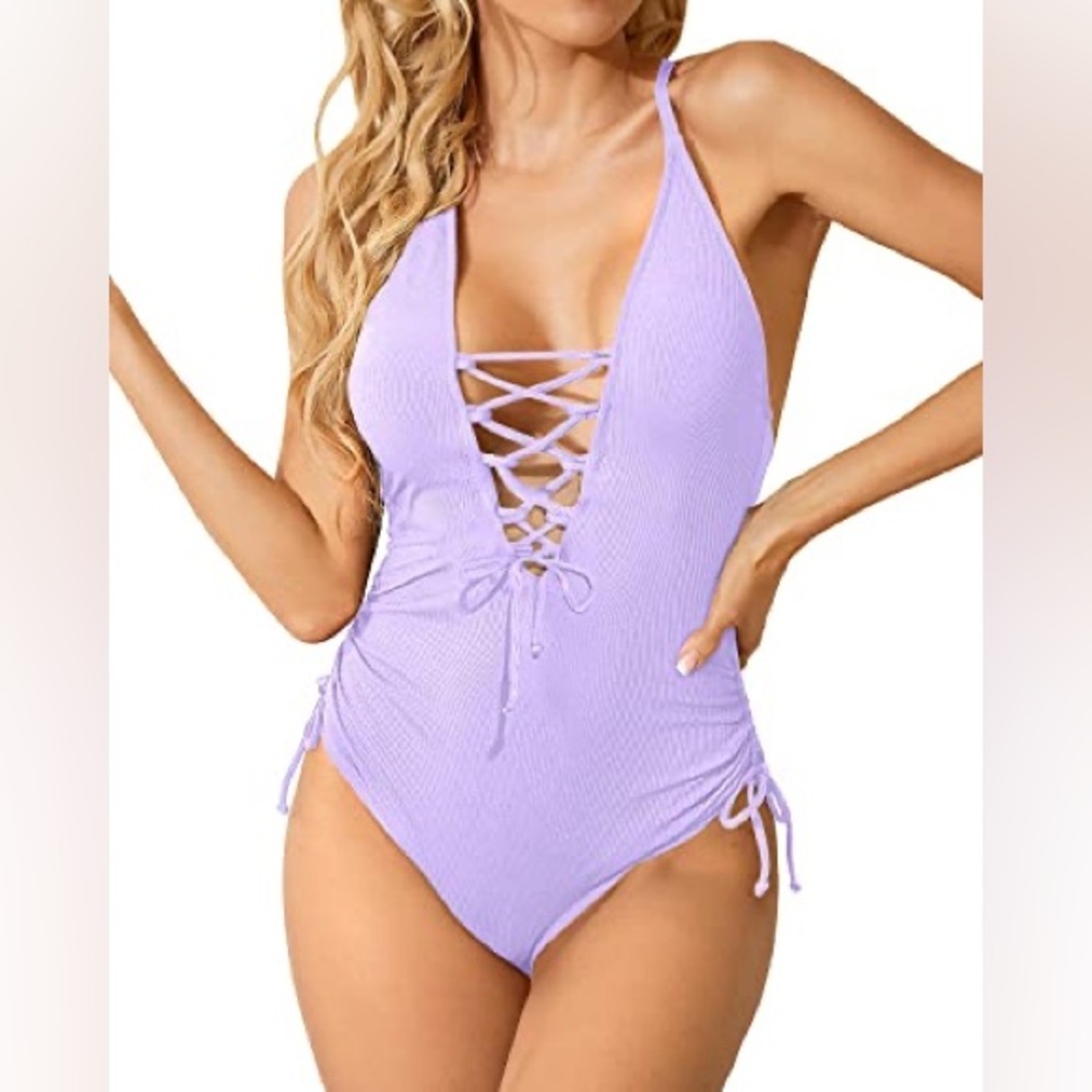 Holipick | Stylish Lace Up Plunge V Neck One Piece Swimsuit - Resort - NWT